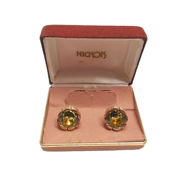 {Hickok} 1960s Mens Vintage Retro Gold Tone Floral Green Gemstone Cuff Links - Picture 13 of 13